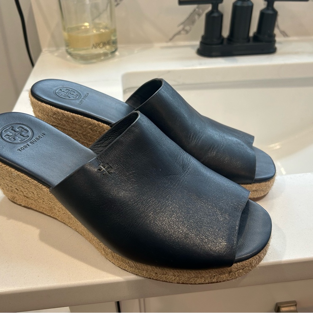 Tory Burch Navy Leather Wedge Slides